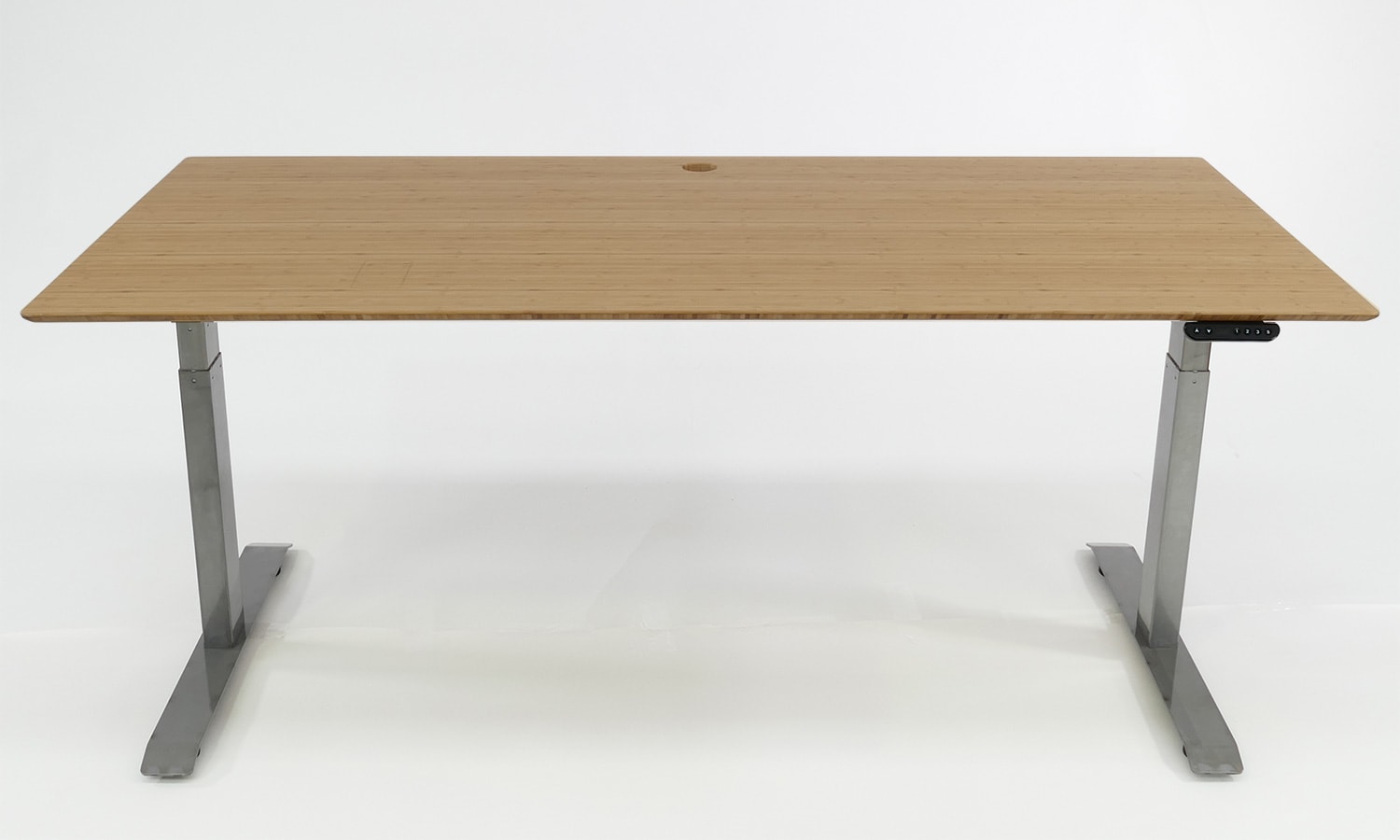 Stand Desk: mid brown bamboo desktop, industrial steel frame, 1800 x 800