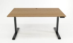 Stand Desk: mid brown bamboo desk top, black frame, 1500 x 800