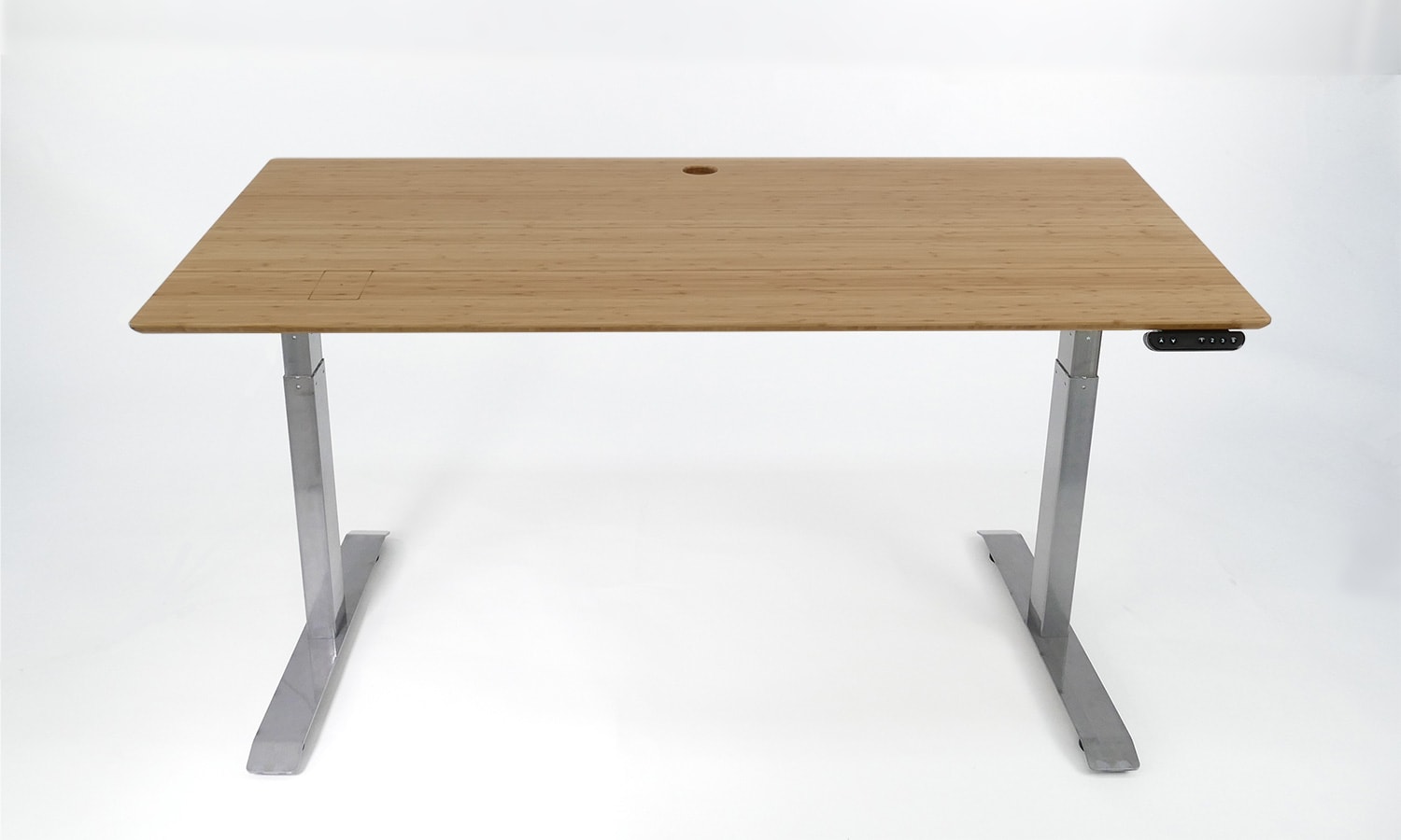 Stand Desk: mid brown bamboo desk top, industrial steel frame, 1500 x 800