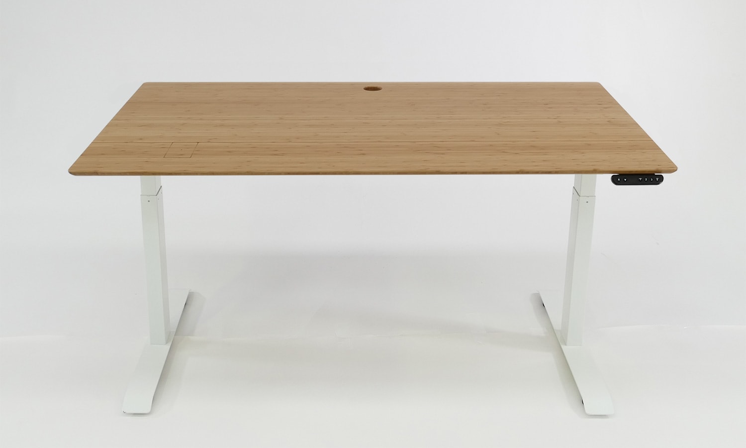 Stand Desk: mid brown bamboo desk top, white frame, 1500 x 800